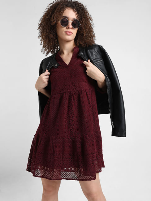 Maroon Lace Fit & Flare Dress