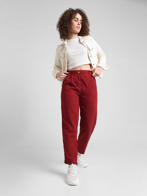 Red High Rise Cigarette Fit Pants