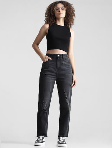 Black Emily Distressed Straight Fit Jeans