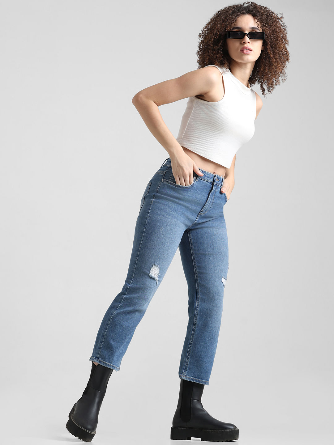 Womens distressed cropped jeans sale