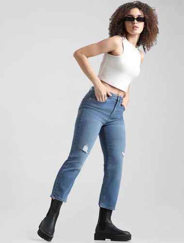 Blue High Rise Distressed Cropped Jeans
