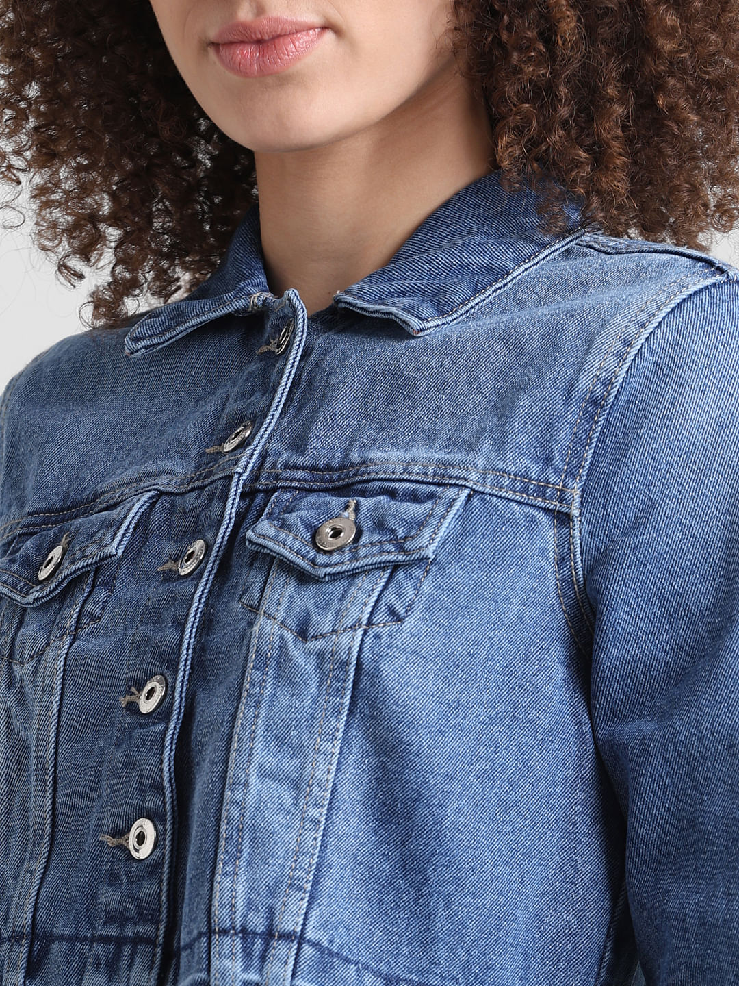 SHOWOFF Women's Solid Blue Spread Collar Crop Denim Jacket