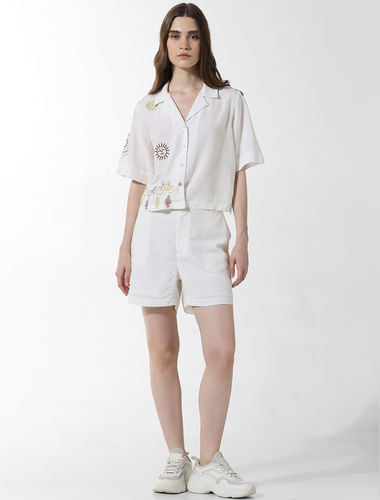 White Embroidered Co-ord Set Shirt