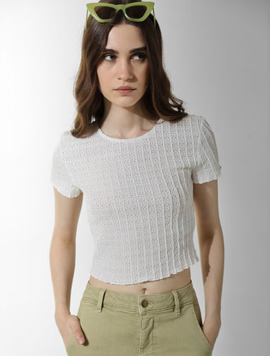White Textured Cropped T-shirt