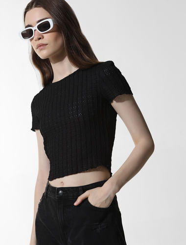 Black Textured Cropped T-shirt