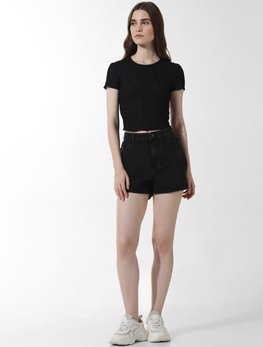 Black Textured Cropped T-shirt
