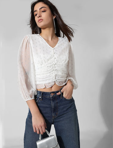 White Textured Cropped Top
