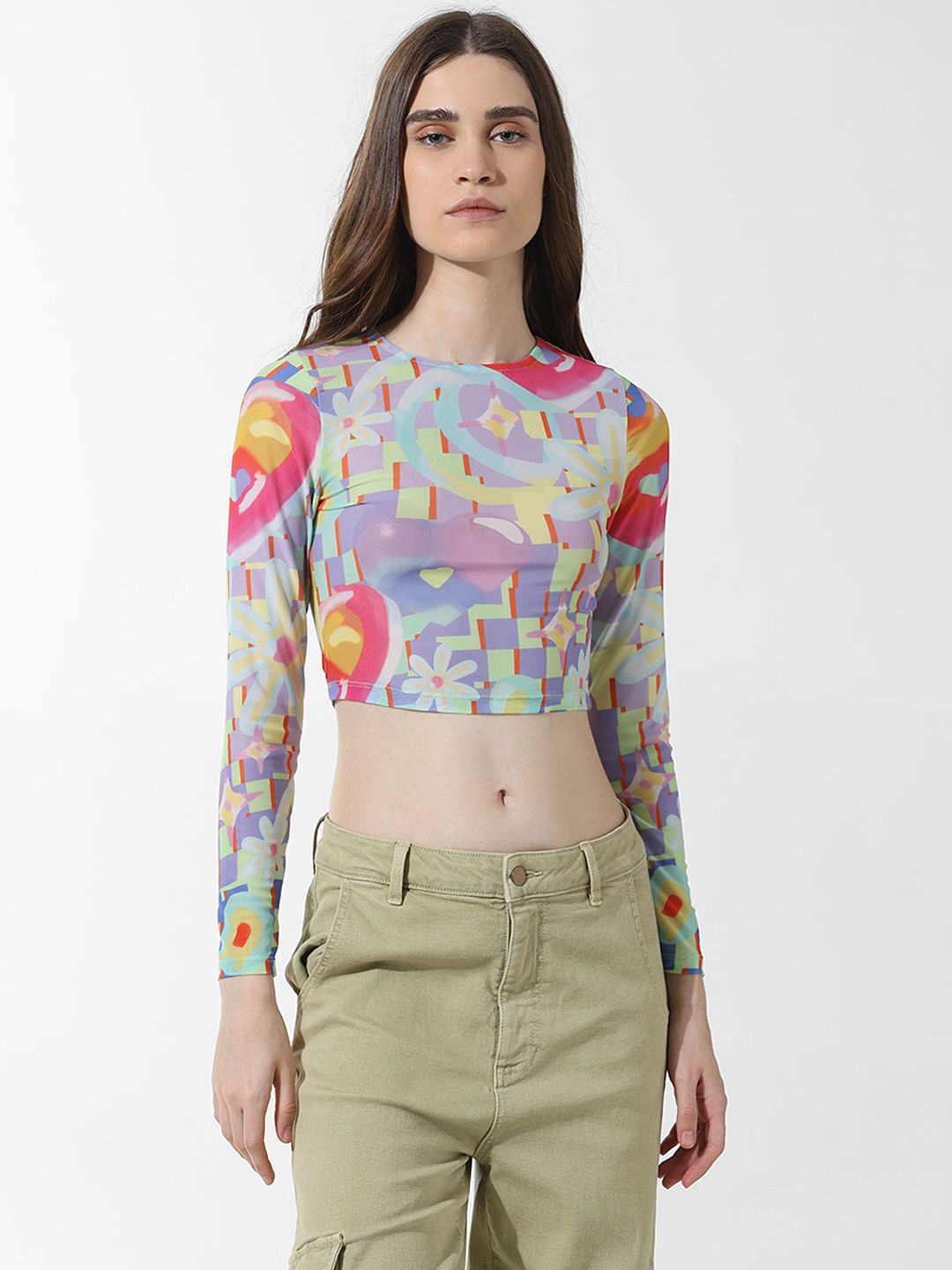 Multi-Colour Cropped Mesh Top|900686701-High-Risk-Red
