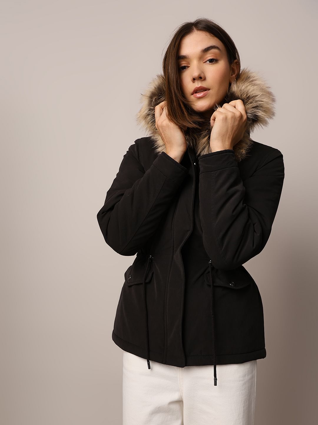 Black faux fur parka coat online