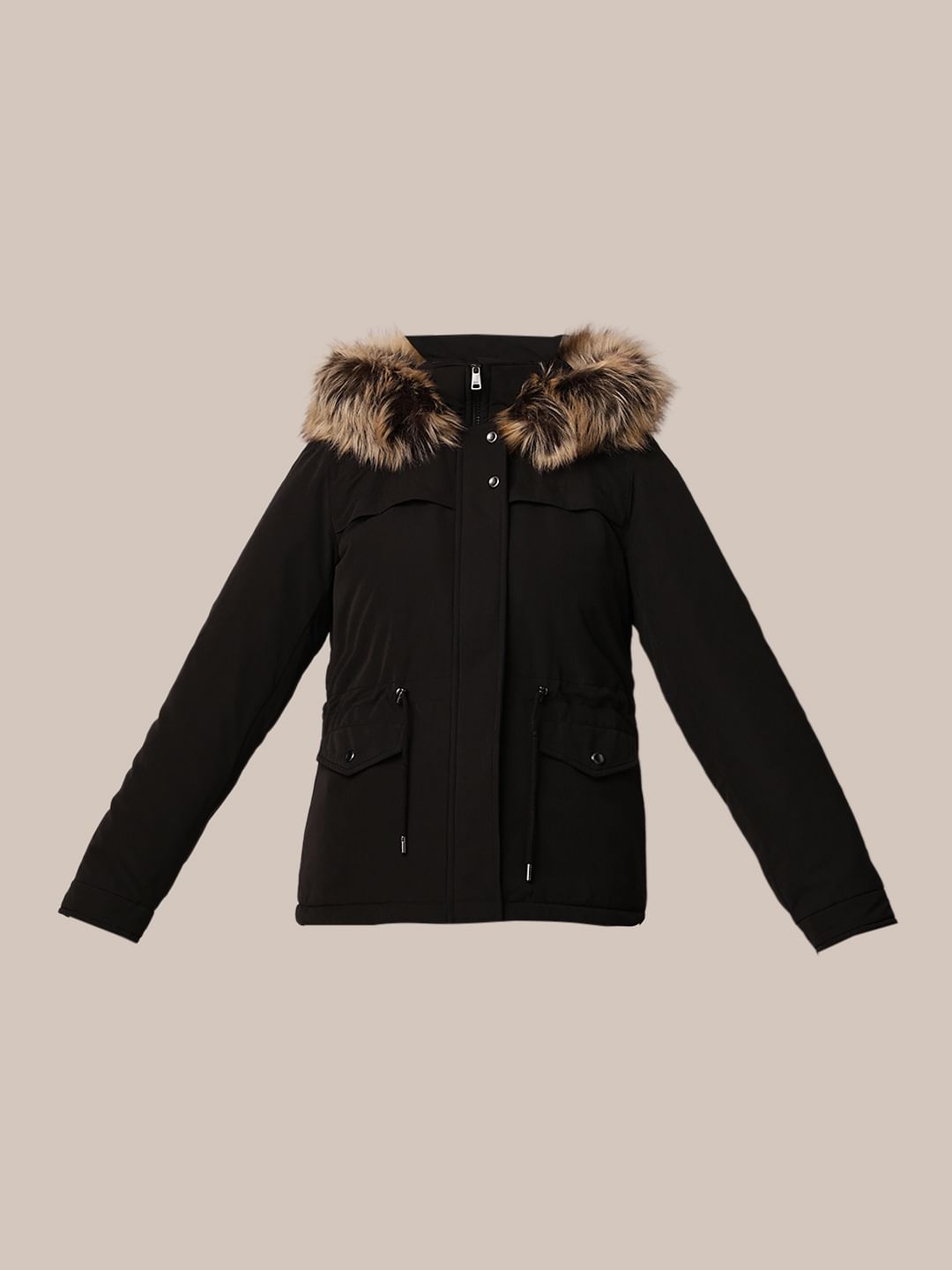 Black Faux Fur Parka Jacket