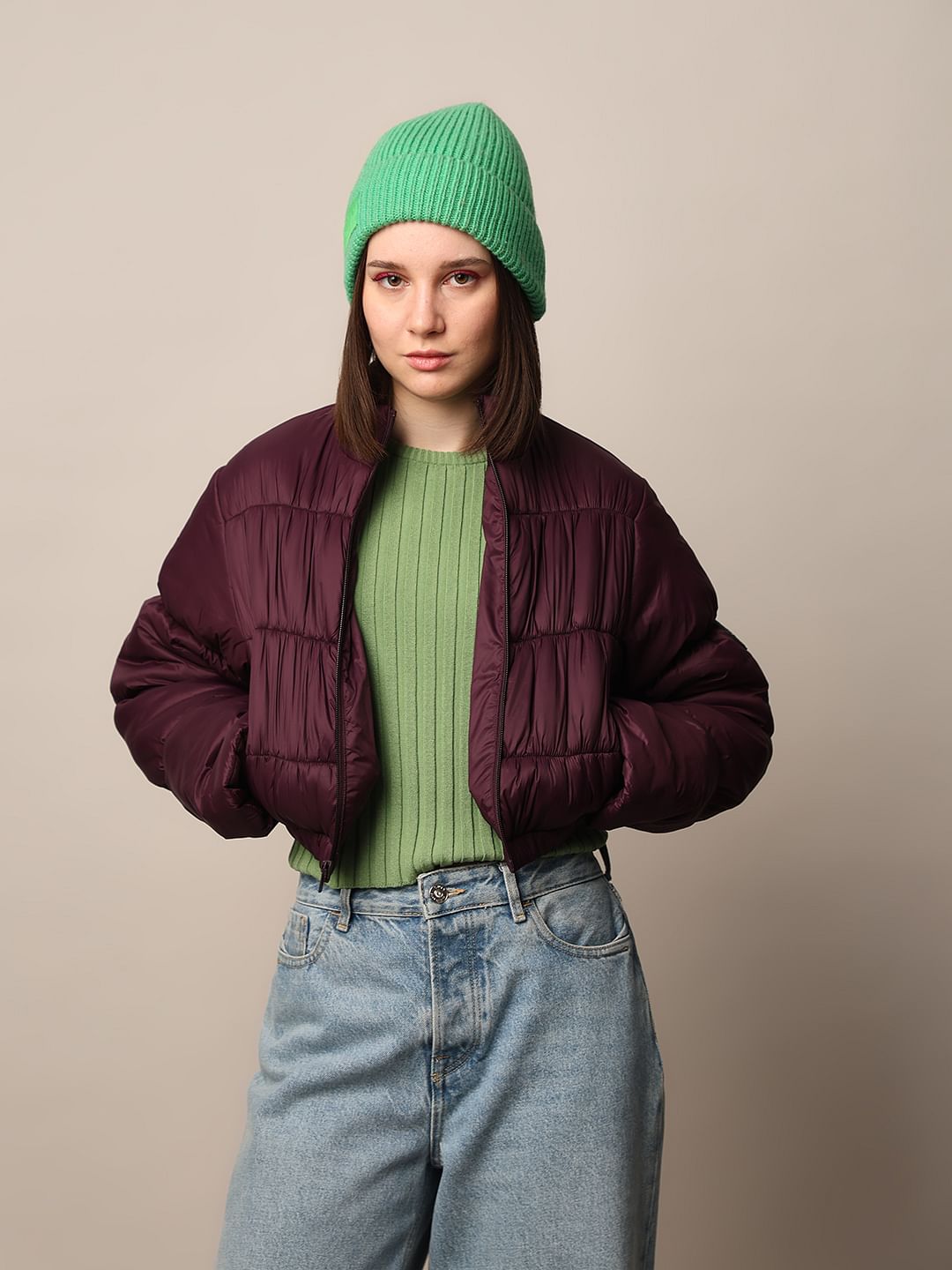 Maroon Cropped Puffer Jacket