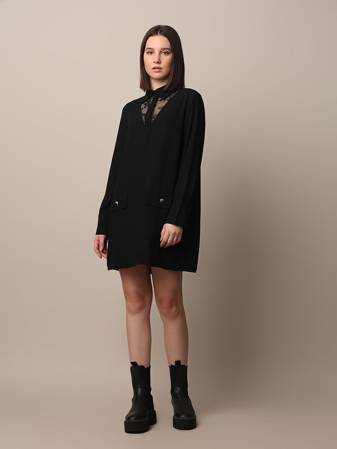 Black Lace Trim Blazer Dress