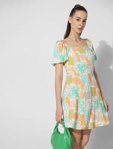 Multi-Colour Printed Puff-Sleeves Dress