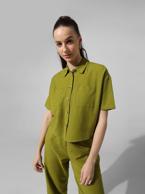 Green Cropped Co-ord Set Shirt