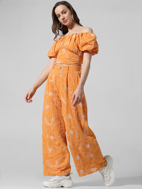 Orange Embroidered Co-ord Set Pants