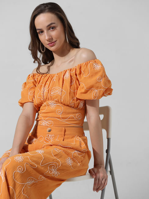 Orange Embroidered Off-Shoulder Co-ord Set Top