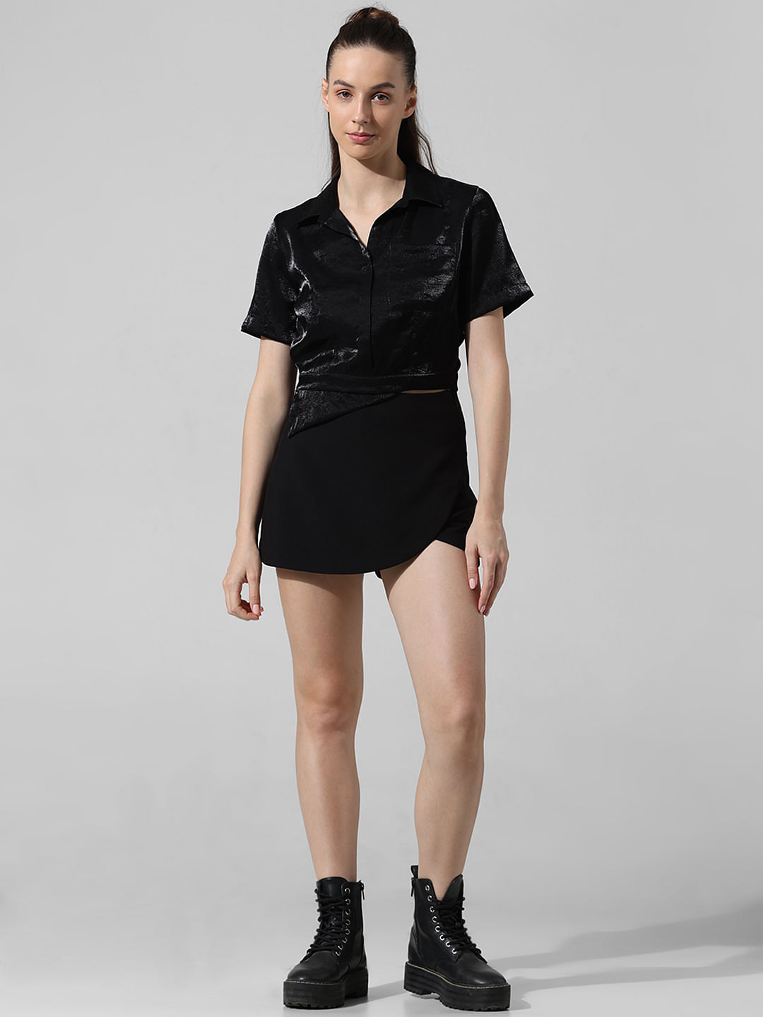 ONLY Women Black Cropped Button-Down Shirt | Short Sleeve, Drawstring Hem, V-Neck, Lightweight Fabric, Casual Wear, Size S
