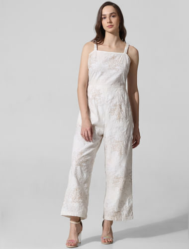 White Embroidered Cotton Jumpsuit