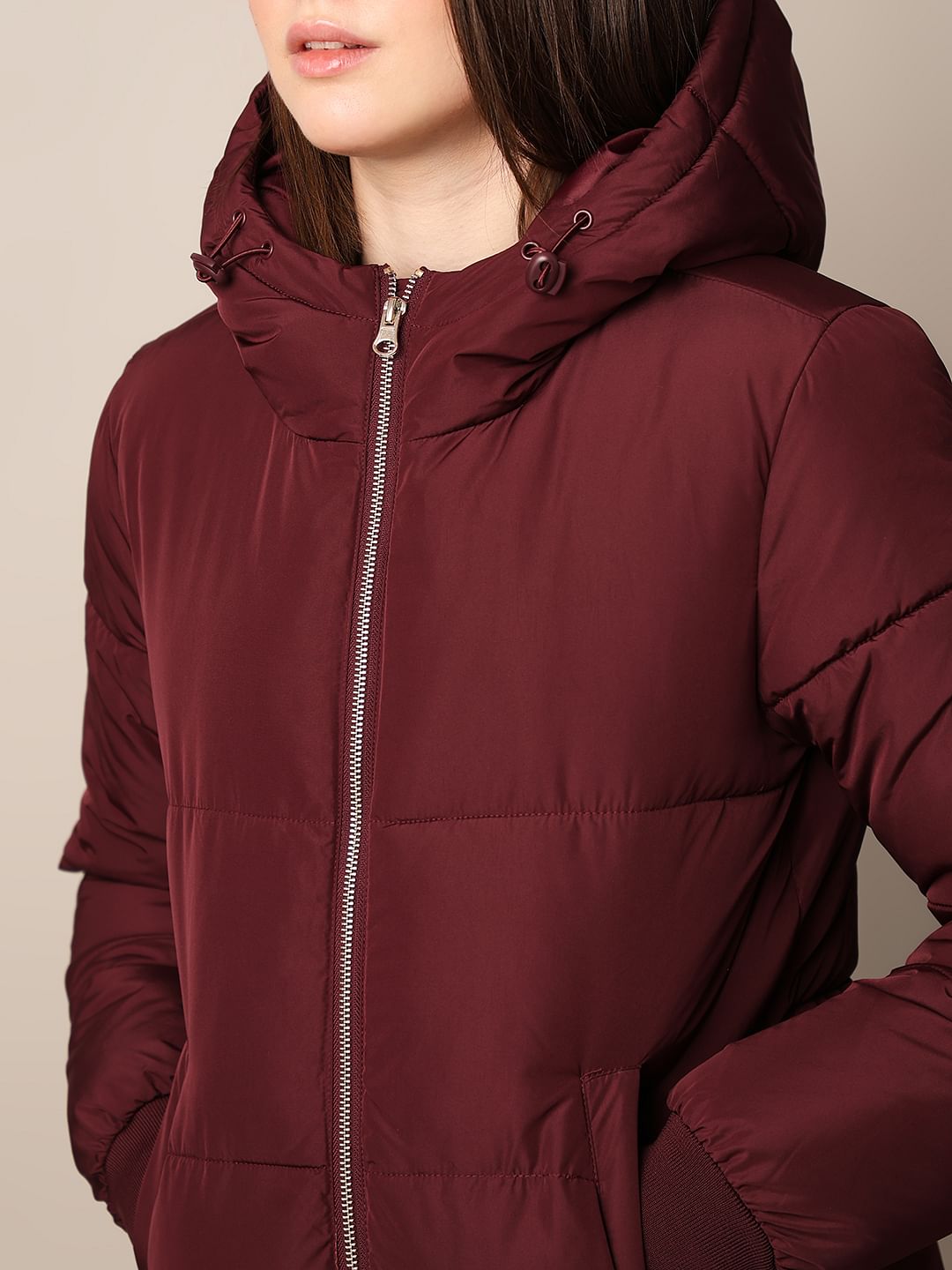 Maroon Hooded Cropped Puffer Jacket