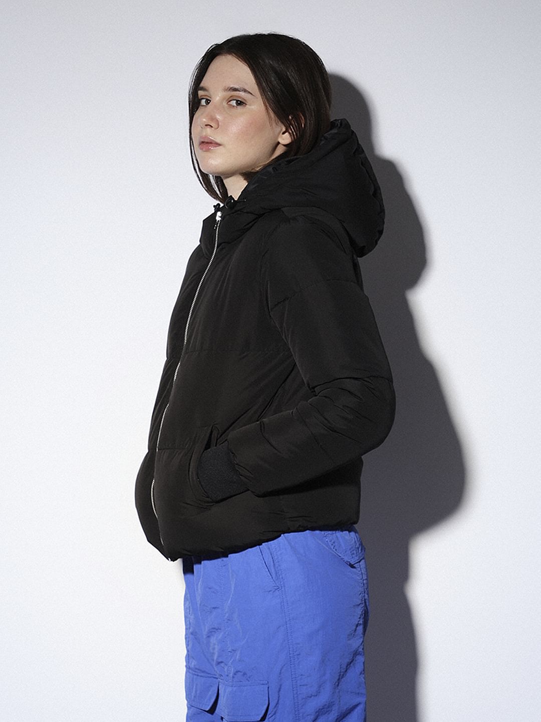 Black Hooded Cropped Puffer Jacket