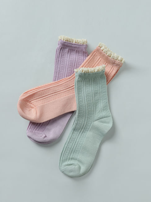 Purple, Pink & Green Knit Socks - Pack of 3