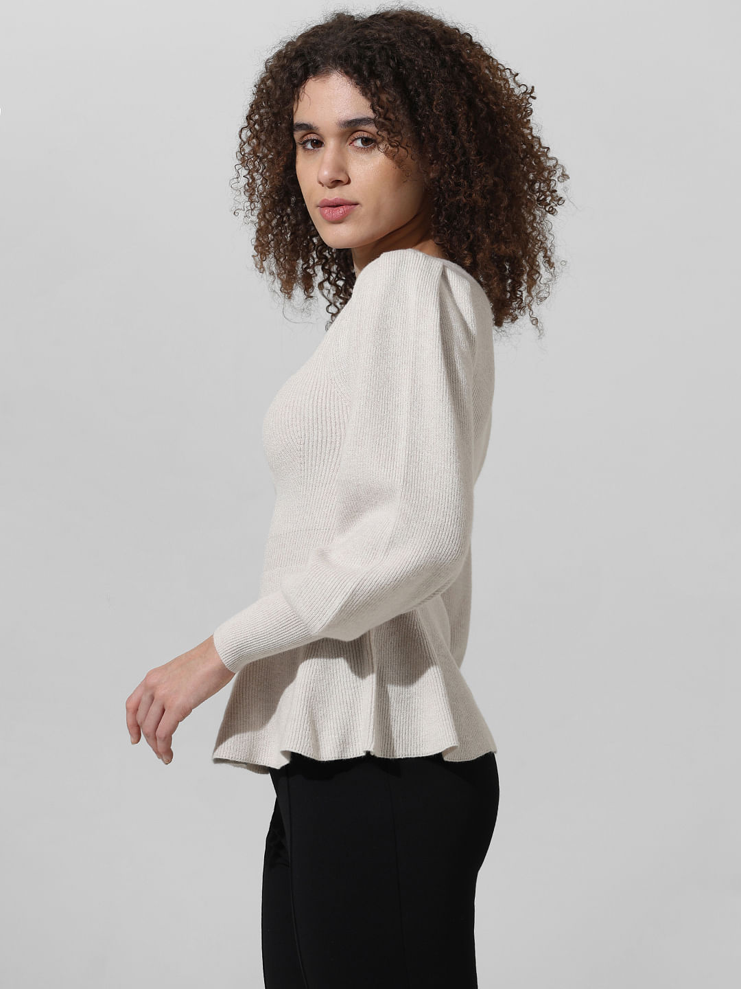 Cream Rib knit Peplum Pullover