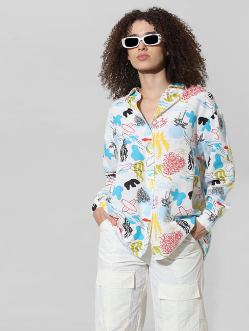 White Abstract Print Oversized Shirt