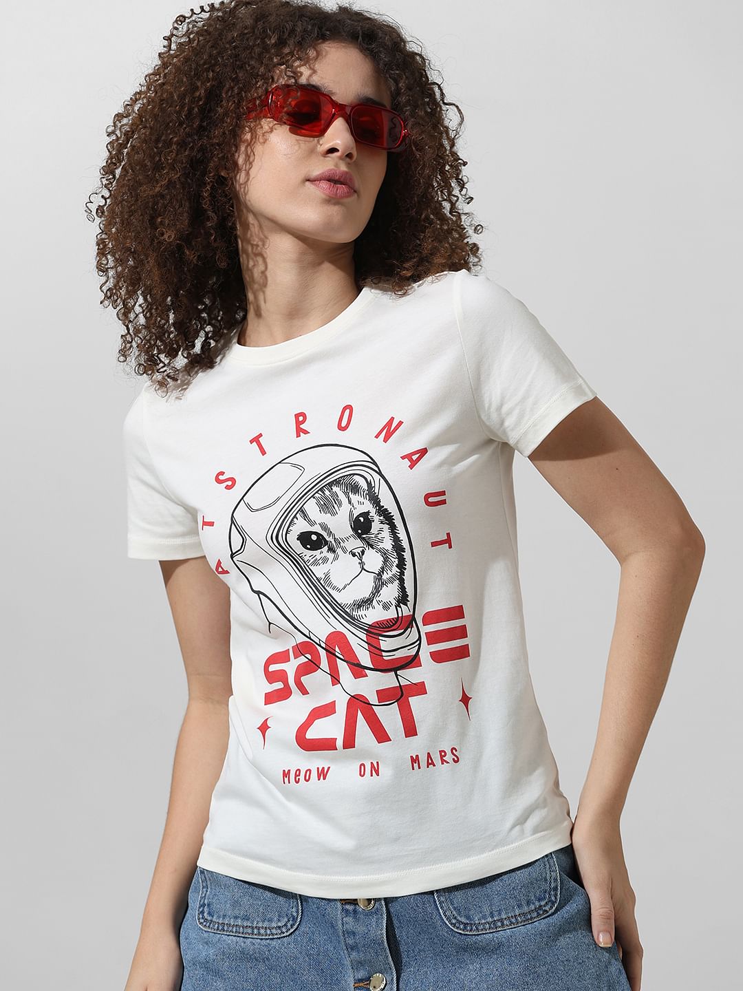 White Cat Print T shirt