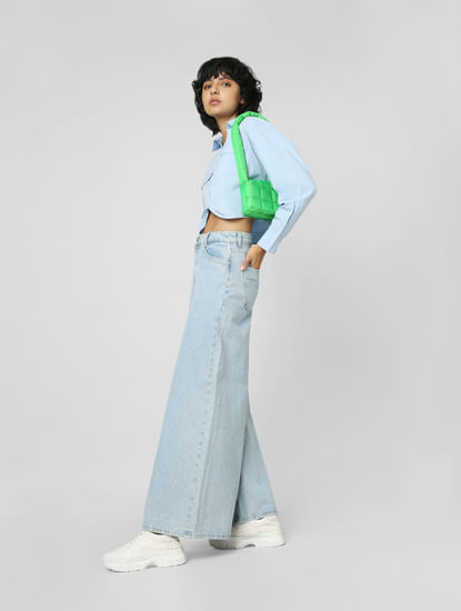 Blue Front Knot Cropped Shirt