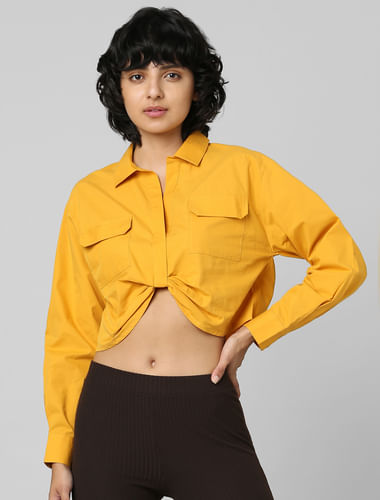 Mustard Front Knot Cropped Shirt