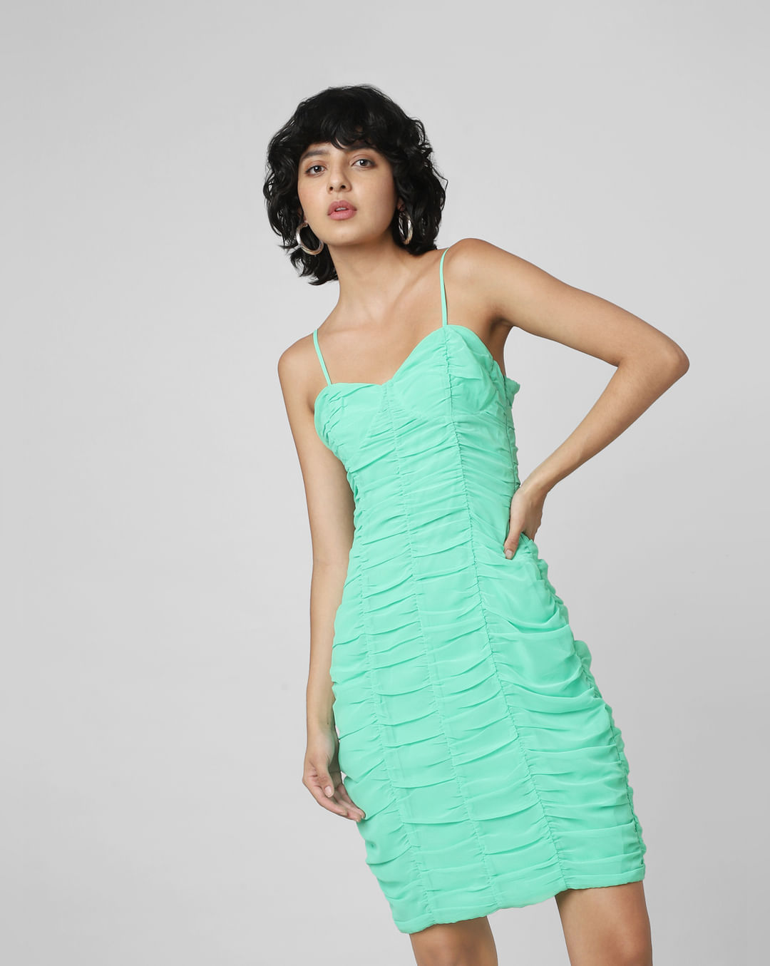 Green Ruched Bodycon Dress|284551802