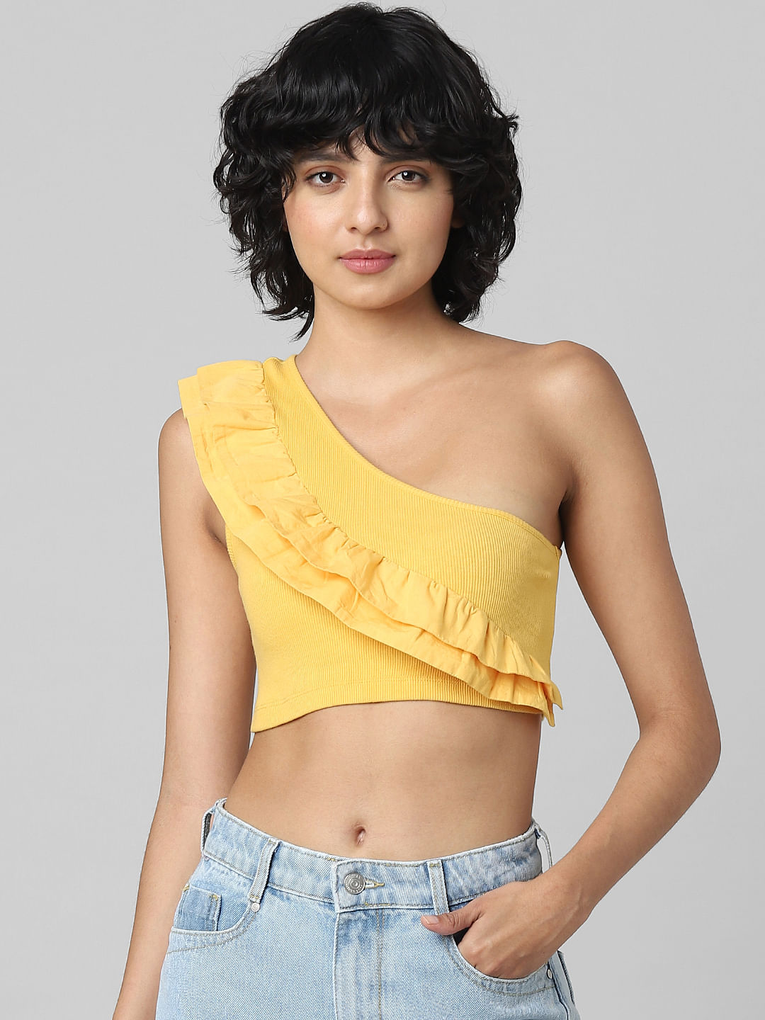 One shoulder cropped online tops