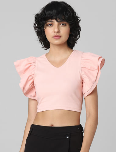 Coral Frill Sleeves Crop Top