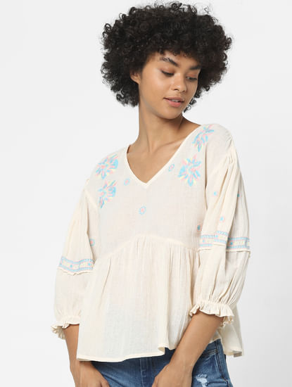 Cream Embroidered Flared Top