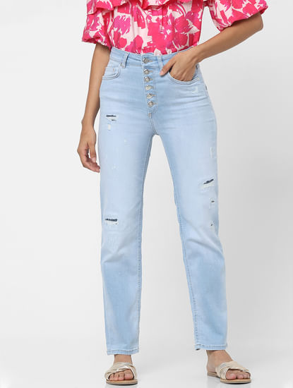 Light Blue High Rise Washed Straight Jeans