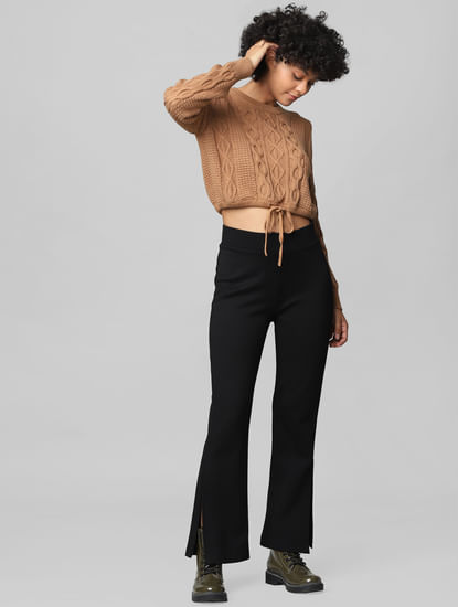 Brown Cable Knit Cropped Pullover