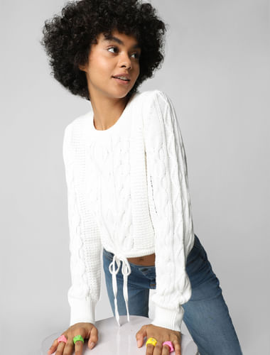 White Cable Knit Cropped Pullover