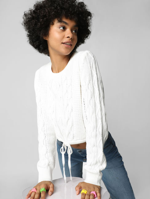 White Cable Knit Cropped Pullover