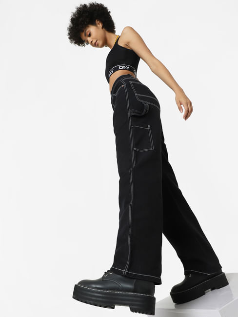 Black High Rise Cargo-Styled Straight Jeans