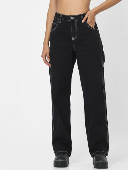 Black High Rise Cargo-Styled Straight Jeans