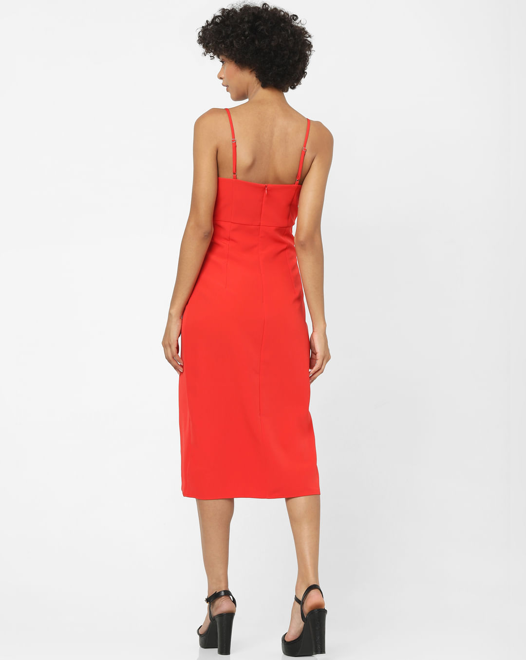 Buy POLYESTER FRONT SLIT KNITTED RED MIDI DRESS for Women Online in India