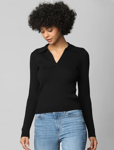 Black Ribbed Polo Pullover