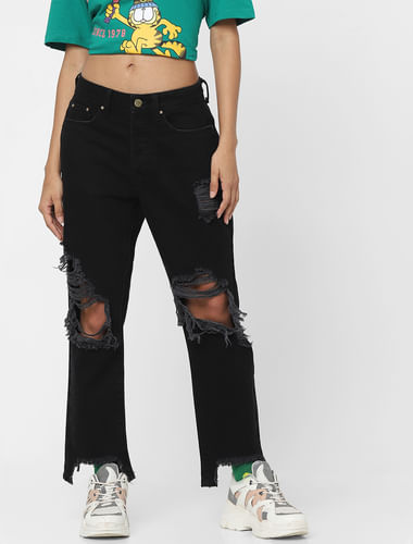 Black High Rise Ripped Straight Jeans