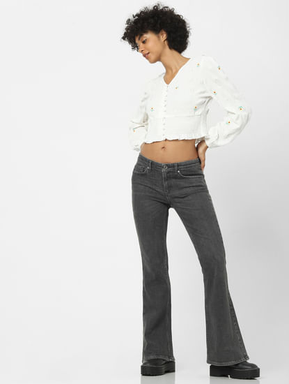 White Embroidered Cropped Top