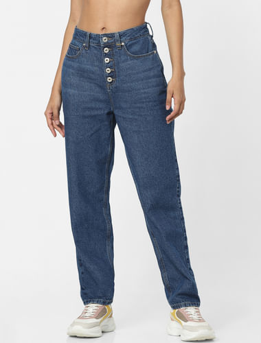 Blue High Rise Washed Straight Jeans