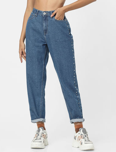 Blue High Rise Embellished Carrot Fit Jeans