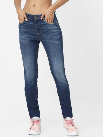 Blue Mid Rise Washed Skinny Jeans