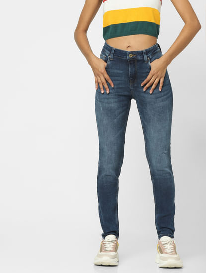 Blue High Rise Faded Skinny Jeans