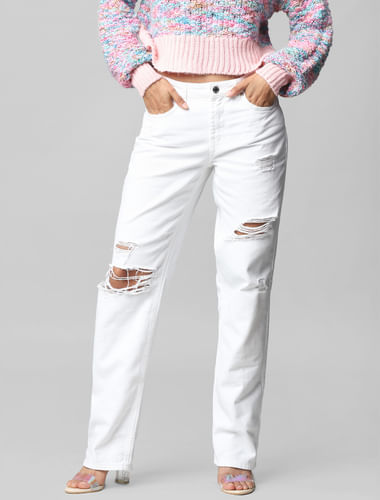 White High Rise Ripped Straight Jeans