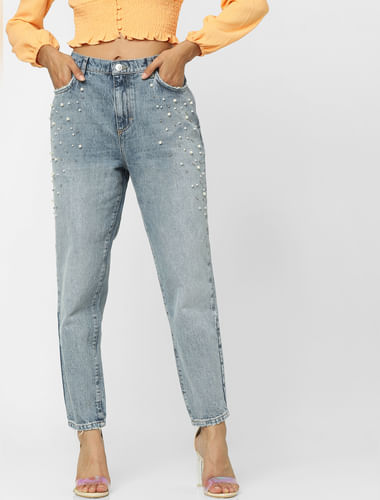 Blue High Rise Embellished Straight Jeans